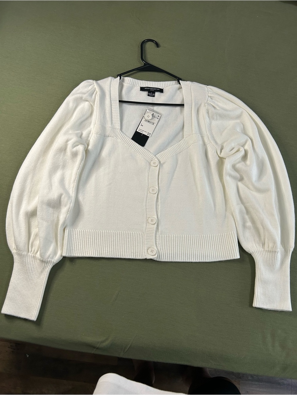 French Connection Ivory Puff-Sleeve Button Cardigan